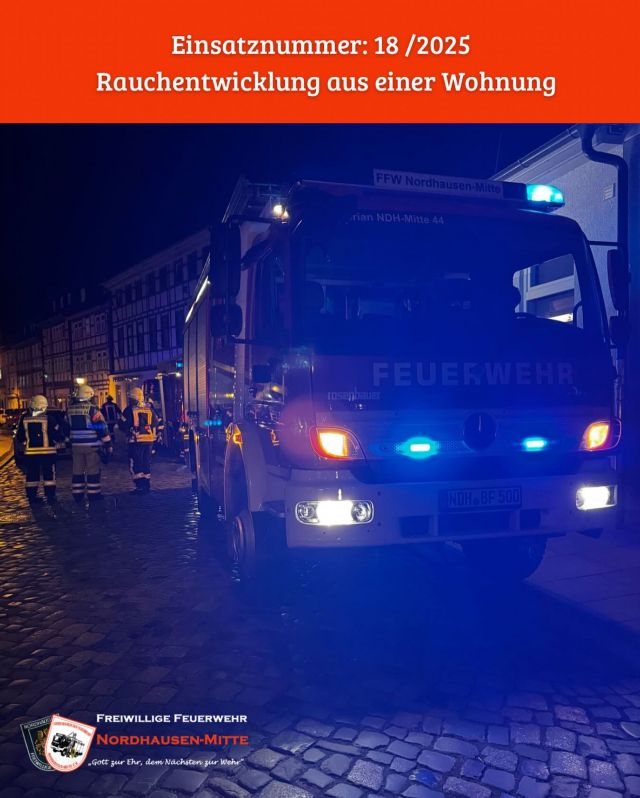 🚨Wir wurden alarmiert 🚨 

Datum:  06.03.2025
Uhrzeit: 21:59 Uhr

Einsatzstichwort: Unklare Rauchentwicklung aus einer Wohnung

Am heutigen Abend wurden wir zu dem Verdacht eines Wohnungsbrandes alarmiert. 
Wir sicherten die Einsatzstelle vor Ort ab, aber für unsere Kräfte war kein weiteres Handeln von Nöten. 

Weitere alarmierte Kräfte: 
🚒 Berufsfeuerwehr Nordhausen
🚒 Freiwillige Feuerwehr Bielen 
🚒 Freiwillige Feuerwehr Krimderode 

Foto:  Freiwillige Feuerwehr Nordhausen-Mitte 

#feuerwehrnordhausen #berufsfeuerwehr #freiwilligefeuerwehr #brand #löschen #nordhausen #einsatz #einsatzinfo #einsatzfahrzeuge #nordhausen #hilfeleistungslöschfahrzeug #drehleiter #atemschutz
