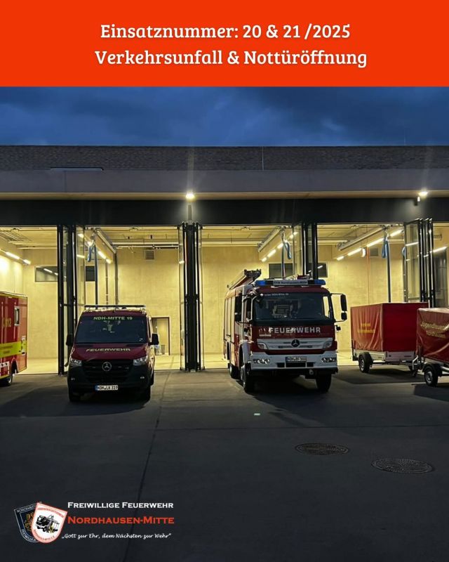 🚨Wir wurden alarmiert 🚨 

Datum:  17.03.2025
Uhrzeit: 12:52 Uhr

Einsatzstichwort: Verkehrsunfall

Gestern Mittag wurden wir zu einem Verkehrsunfall in der Freiherr-Von-Stein-Straße alarmiert. Die Einsatzkräfte vor Ort konnten die Betreuung der Einsatzstelle gewährleisten.
-> Einsatzabbruch vor Ausfahrt 

Weitere alarmierte Kräfte: 
🚒 Berufsfeuerwehr Nordhausen
🚒 Freiwillige Feuerwehr Bielen
🚒 Freiwillige Feuerwehr Krimderode
🚒 Freiwillige Feuerwehr Hesserode
🚒 Freiwillige Feuerwehr Herreden
🚒 Freiwillige Feuerwehr Hörningen
🚒 Freiwillige Feuerwehr Sundhausen

🚨Wir wurden alarmiert 🚨 

Datum:  04.04.2025
Uhrzeit: 19:09 Uhr

Einsatzstichwort: Türöffnung

Am späten Abend wurden unsere Kameraden durch die Hausdurchsage der Berufsfeuerwehr zu einer Person hinter Tür gerufen, diese konnte zügig geöffnet werden und an den Rettungsdienst übergeben werden. 

Weitere alarmierte Kräfte: 
🚒 Berufsfeuerwehr Nordhausen

Foto:  Freiwillige Feuerwehr Nordhausen-Mitte 

#feuerwehrnordhausen #berufsfeuerwehr #freiwilligefeuerwehr #brand #löschen #nordhausen #einsatz #einsatzinfo #einsatzfahrzeuge #nordhausen #hilfeleistungslöschfahrzeug #drehleiter #atemschutz