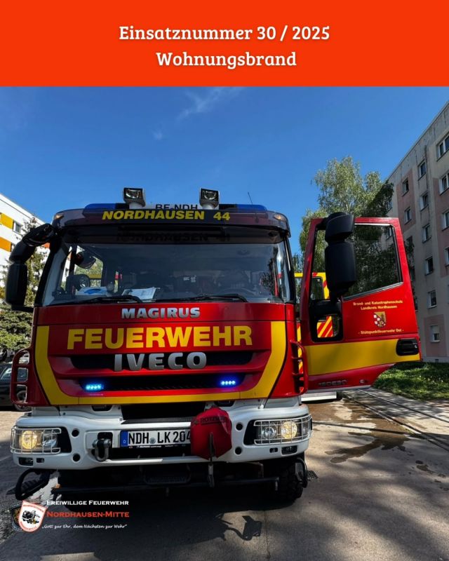 🚨Wir wurden alarmiert 🚨 

Datum:  01.05.2025
Uhrzeit:  10:01 Uhr

Einsatzstichwort: Wohnungsbrand

Heute Vormittag wurden wir zu einem Wohnungsbrand alarmiert.
Wir unterstützen die Kräfte vor Ort bei der Löscharbeiten. Außerdem kümmerten wir uns um eine beim Einsatz gerettete Katze. Durch das schnelle Eintreffen der Einsatzkräfte konnte das Übergreifen des Feuers auf umliegende Wohnungen verhindert werden.
Einsatzende war nach circa 1 ½ Stunden. 

Weitere alarmierte Kräfte: 
🚒 Berufsfeuerwehr Nordhausen
🚒 Freiwillige Feuerwehr Bielen
🚒 Freiwillige Feuerwehr Krimderode

#feuerwehrnordhausen #berufsfeuerwehr #freiwilligefeuerwehr #brand #löschen #nordhausen #einsatz #einsatzinfo #einsatzfahrzeuge #nordhausen #hilfeleistungslöschfahrzeug #drehleiter #atemschutz