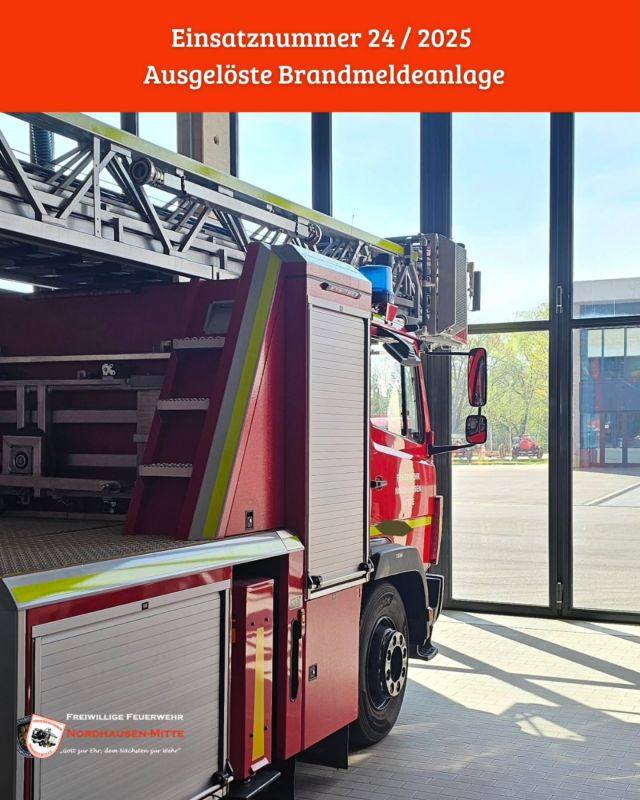 🚨Wir wurden alarmiert 🚨 

Datum:  15.04.2025
Uhrzeit:  10:40 Uhr

Einsatzstichwort: Ausgelöste Brandmeldeanlage

Heute am frühen Mittag wurden wir zu einer ausgelösten Brandmeldeanlage im Stadtgebiet alarmiert. Vor Ort wurde keine Feststellung gemacht. 
 -> für uns Einsatzabbruch

Weitere alarmierte Kräfte: 
🚒 Berufsfeuerwehr Nordhausen

#feuerwehrnordhausen #berufsfeuerwehr #freiwilligefeuerwehr #brand #löschen #nordhausen #einsatz #einsatzinfo #einsatzfahrzeuge #nordhausen #hilfeleistungslöschfahrzeug #drehleiter #atemschutz